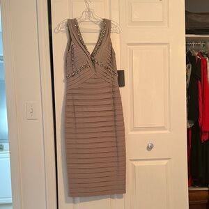 Beaded V-Neck Taupe Bandage Midi Dress